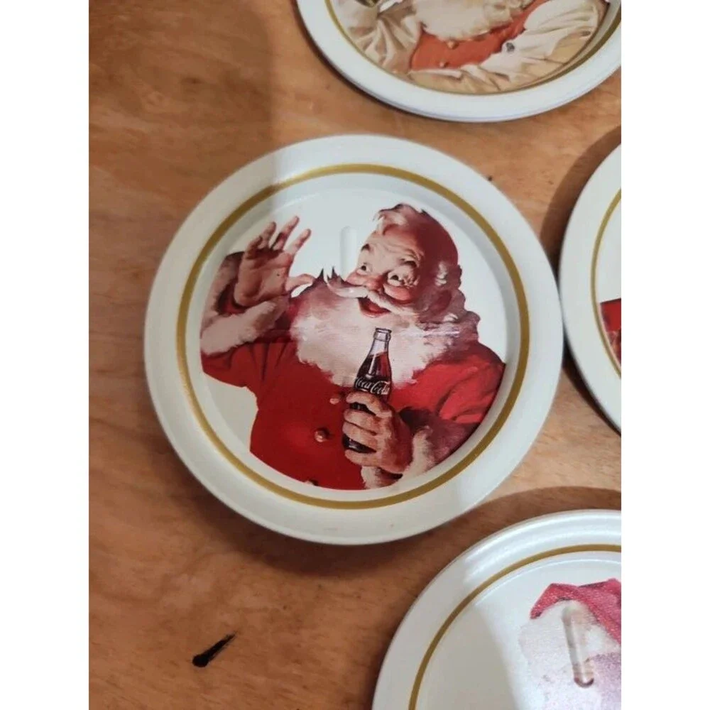 6 vintage Coca Cola  Santa drink coasters metal